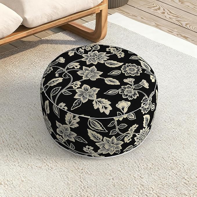 LVTXIII Indoor/Outdoor Extra Large Inflatable Ottoman Pouf D31 x H14 Inch, Round Footstool with Handle, Weather-Resistant Portable Furniture for Patio, Camping, Beach, Elegant Vines Black