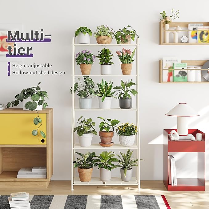 5-Tier Corner Plant Stand, Metal Black Flower Pot Rack, Indoor Outdoor Heavy Duty Shelf (Cream, 5 Tier)