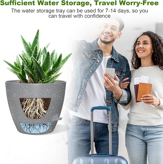 12 Inch Large Self Watering Pots, Flower Pots with Multi-Mesh Drainage Holes and Saucer, Planters for Indoor and Outdoor Garden Plants (Speckled Grey)