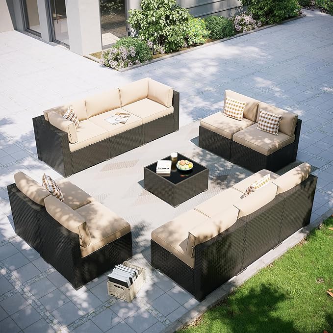 Aoxun Patio Furniture Set, 11 Piece Outdoor Sectional Sofas with Waterproof Cover, 10 Seats Wicker Rattan Outdoor Furniture Patio Conversation Set for Backyard, Garden Begin