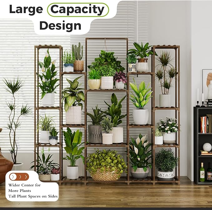 Bamworld Plant Shelf Indoor Hanging Plant Stand Outdoor Large Plant Shelves Tall Flower Holder wooden plant stand for Multiple Plants Plant Rack for Living Room Balcony Decor Garden Clearance Deals 17 Pots Plant Table