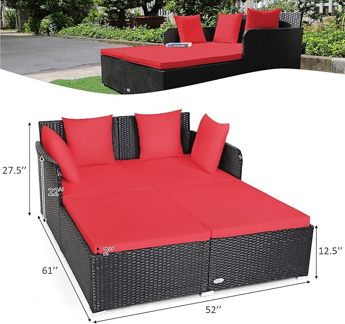 Tangkula Outdoor Rattan Daybed, Sunbed Wicker Furniture w/Spacious Seat, Upholstered Cushion & High-Resilience Sponge, Wicker Patio Sofa Set w/Extra Pillows for Courtyard Poolside(Red)