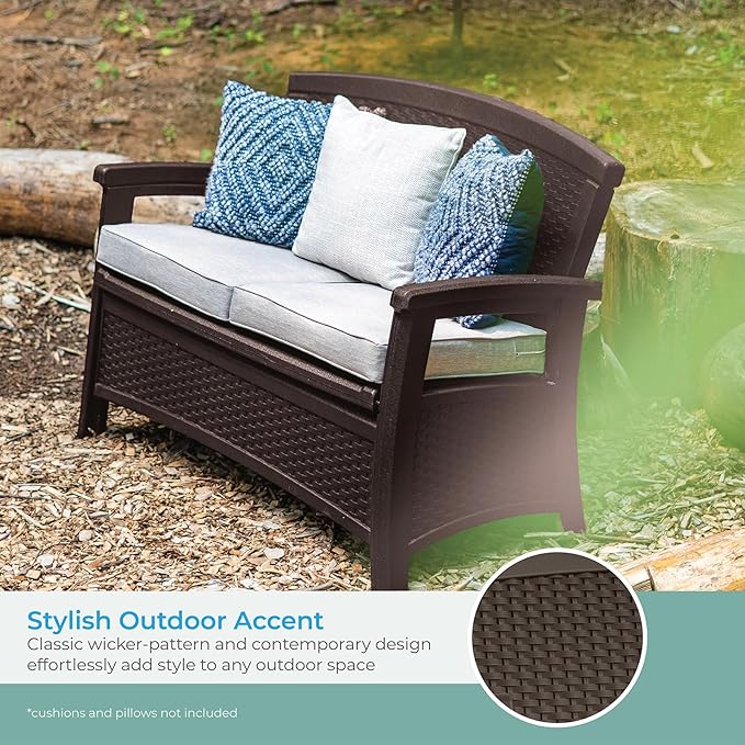 Suncast Outdoor Wicker Love Seat with 23-Gallon Storage, Comfortable Seating for Two, Ergonomic Back Support, All-Weather Furniture for Patio, Deck, and Garden, Java, Made in the USA