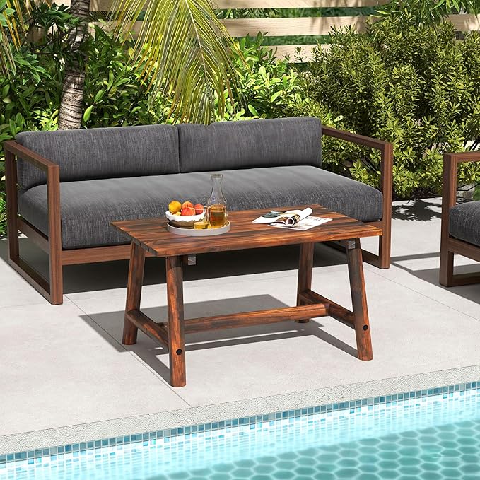 Tangkula Outdoor Coffee Table, Solid Wood Patio Desk with Slatted Tabletop, Rectangle Side Table for Garden Lawn Porch Balcony Poolside Living Room