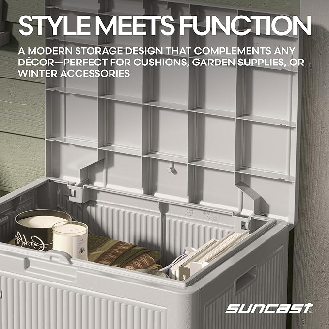 Suncast 22-Gal. Resin Small Outdoor Patio Deck Box with Reeded Design, Modern Outdoor Patio Bench/Storage Box for Cushions, Garden Tools, and More, French Gray