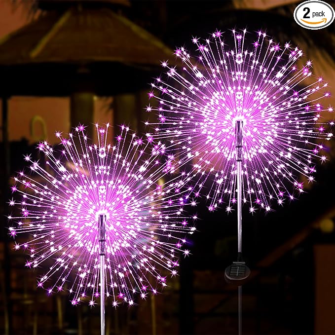 JJGoo Solar Firework Lights, 2 Pack 150 LEDs 2 Lighting Modes Solar Lights Outdoor Waterproof for Garden Patio Walkway Pathway Party Wedding Christmas Decorative - Pink