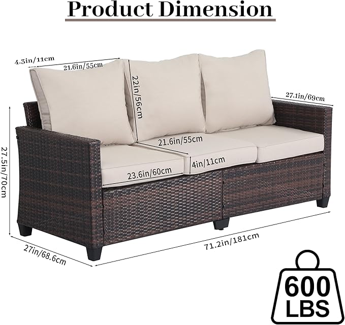 Rattan Outdoor Sofa 3-Seater - PE Woven Patio Couch with Waterproof Blue Cushions, Heavy-Duty Steel Frame for Garden, Poolside Outdoor Wicker Furniture-Beige
