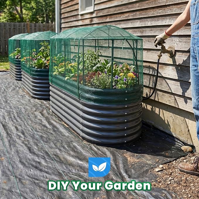 Quictent Galvanized Raised Garden Bed Kit with Self Watering System and Mesh Cover, Large Oval Metal Outdoor Planter Garden Boxes for Vegetables Herbs Flowers, 6x3x2Ft