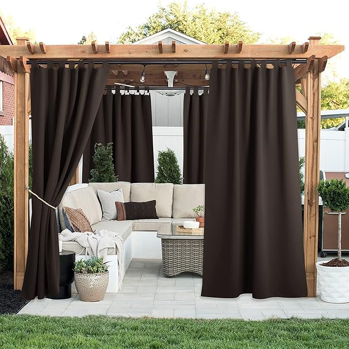 NICETOWN 2 Panels Blackout Outdoor Curtains for Patio Waterproof, Detachable Tab Top Cabana Curtainss Room Darkening Thermal Insulated Blind for Outdoor Living Divider, W52 x L108, Toffee Brown
