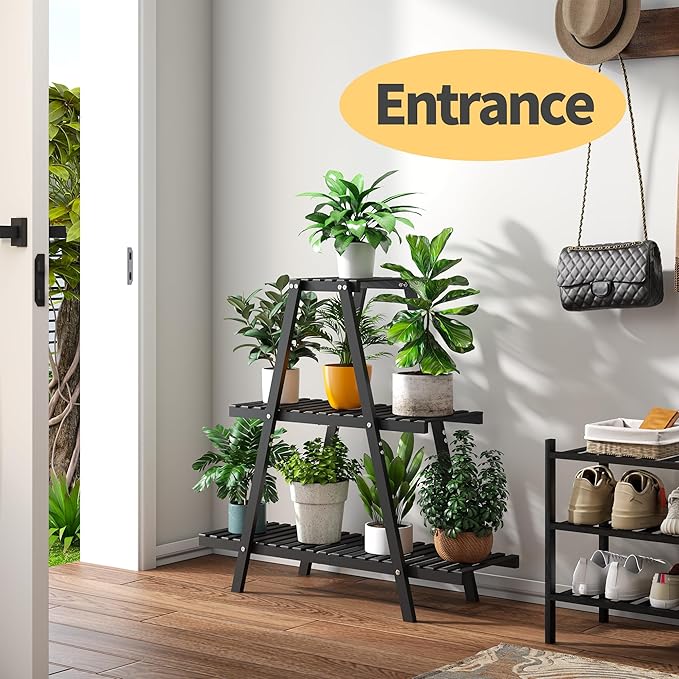 Bamboo Plant Stand Indoor/Outdoor, 3-Tier, Black, Rectangular, 8 Potted Flower Holder Ladder Plant Rack