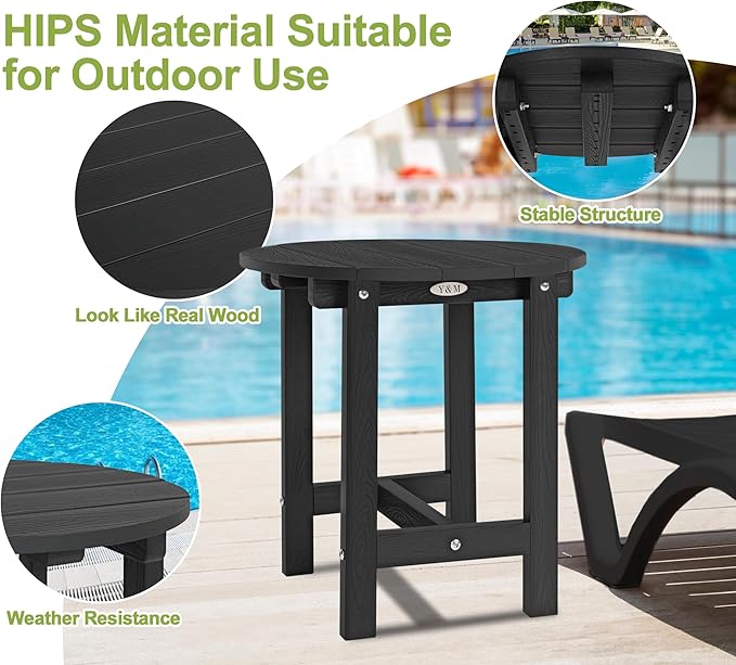 Y&M Outdoor Side Table, Waterproof Four-Legged Round Entryway End Table, Single-Tier HDPE Modern Small Coffee Nightstand for Bedroom, Living Room, Patio, Indoor or Outdoor Use, Black