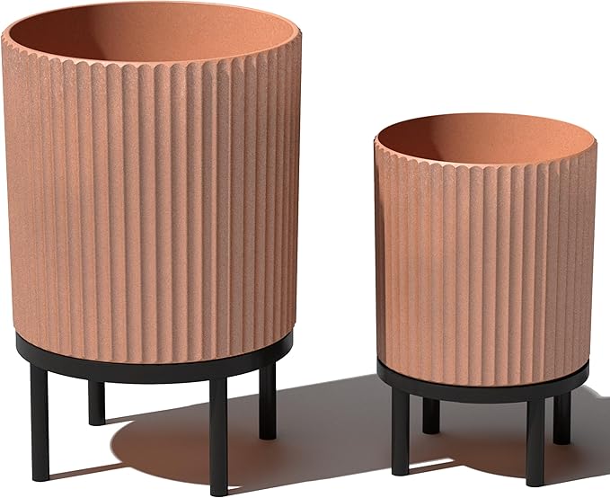 Veradek Demi Series Round Planter w/Stand for Porch/Patio | Durable Plastic-Stone Composite & Wooden Stand | Modern Décor for Tall Plants, Flowers