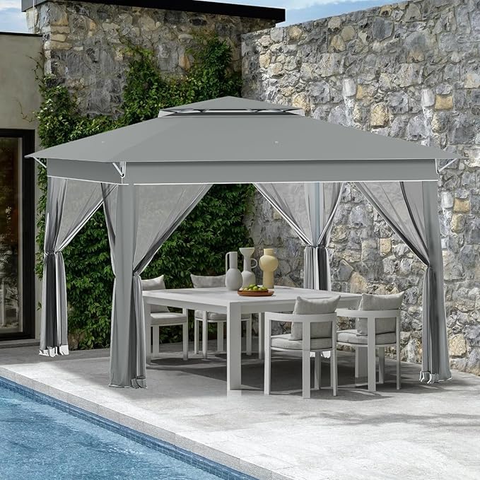 ECOTOUGE 11FT Pop Up Gazebo, Canopy Tent with Mosquito Netting,Instant Shelte Gazebo w/Carrying Roller Bag Waterproof and UV Resistant Canopy Tent for Grill, Garden and Backyard(Dark Grey)