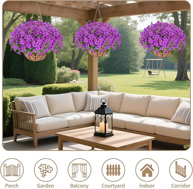 Artificial Hanging Flower for Outdoors, Fake Hanging Basket for Outside,1 Hanging Basket with 13 Pcs Faux Silk Flowers for Porch, Balcony and Patio Decor(Purple)
