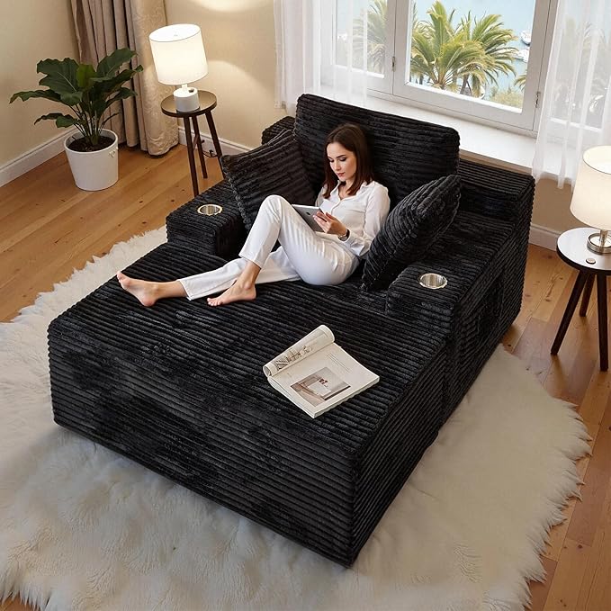 CHORRO67 Chaise Lounge Chair Indoor,Oversized Boneless Single Sleeeper Couch Bed,Corduroy Cloud Sofa with 3 Soft Pillows for Livingroom,Bedroom,No Assembly (Black)