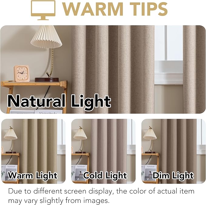H.VERSAILTEX Linen Curtains 100% Blackout Curtains for Bedroom 63 inch Long Full Light Blocking Nature Linen Blended Window Curtains for Living Room Nickel Grommet (2 Panels, Heathered Sand)