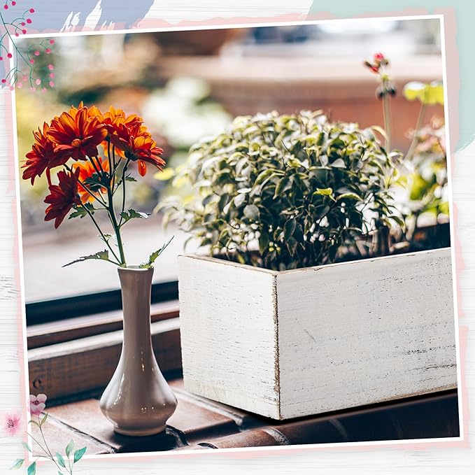 Dandat 10 Set Rectangle Wooden Planter Wood Boxes for Centerpieces Rustic Wooden Planters with Removable Plastic Liner Floral Foam Blocks for Wedding Table Bookshelf (12 x 4 Inch,White)