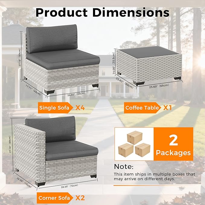 6-Piece Outdoor Patio Furniture Set, All-Weather Wicker Sectional Sofa with Deep Seating 4” Cushions, Heavy-Duty Steel Frame, Modular Rattan Couch for Backyard, Deck & Garden, Black