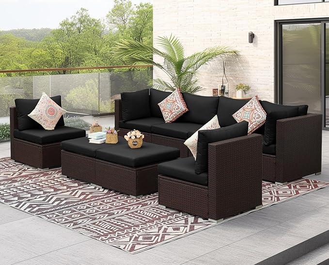 NICESOUL 8 Seater Modern Backyard Furniture Set, 29.3'' High Back Luxury Comfy Brown Wicker Patio Conversation Set with Ottoman, Deep and Wide Sofa Sectional for Exteriors, Dark Brown & Grey