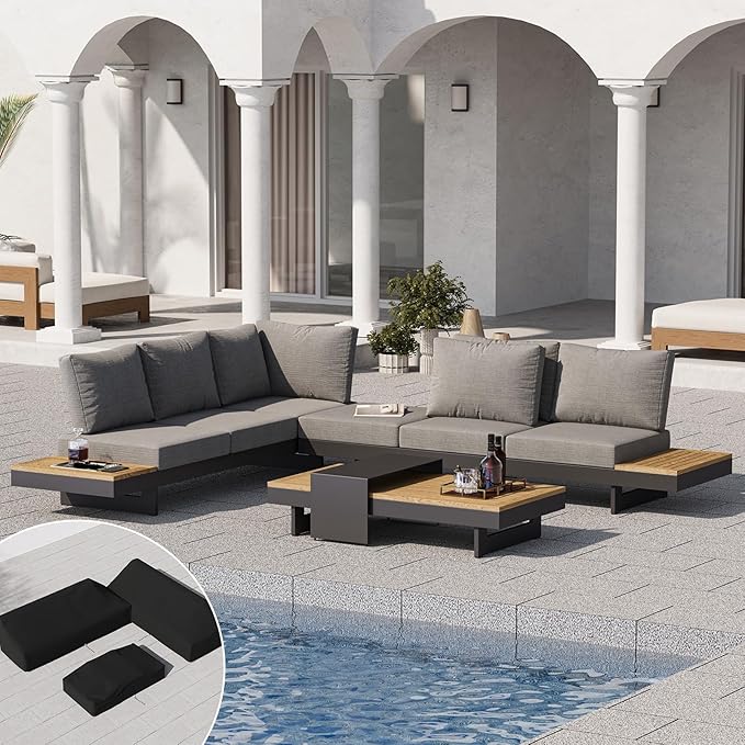 homary 6-Piece Modular Outdoor Sofa Set, Aluminum & Teak Patio Conversation Set with Waterproof Covers, Adjustable Backrests, Fade-Resistant Cushions for Patio or Balcony