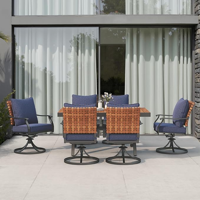 Grand patio 7-Piece Outdoor Dining Set, 6 Leather-Look Wicker Blue Swivel Patio Chairs & 1 Extendable Rectangular Dining Table, Brown