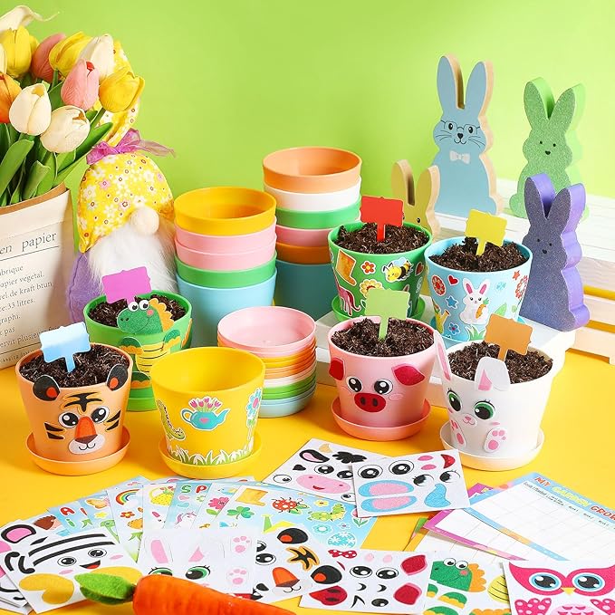 Capoda 24 Sets Garden Flower Pots Crafts Kit DIY Spring Plastic Seedling Nursery Pots with Stickers Plant Labels Growth Charts Planting Growing Tools Classroom Activities Project Gifts (Colorful)