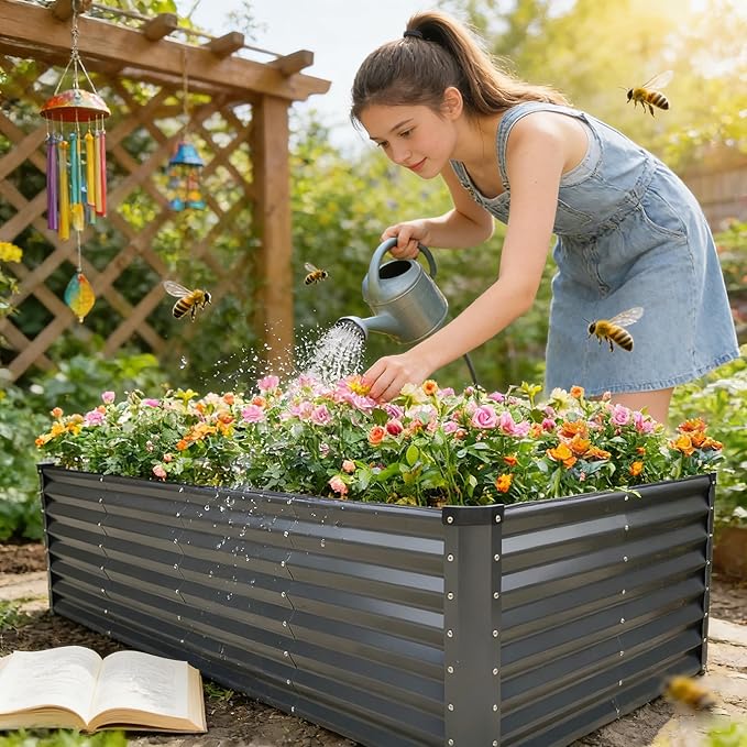 GARDMAX 8x4x2FT Galvanized Raised Garden Bed Kit, Metal Planter Boxes Outdoor with Easy Assembly, Large Garden Bed for Vegetables, Fruits, Flower, Herbs Rectangle Dark Gray