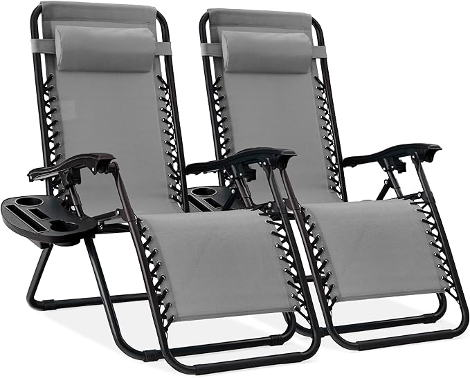 Best Choice Products Set of 2 Adjustable Steel Mesh Zero Gravity Lounge Chair Recliners w/Pillows and Cup Holder Trays - Ice Gray