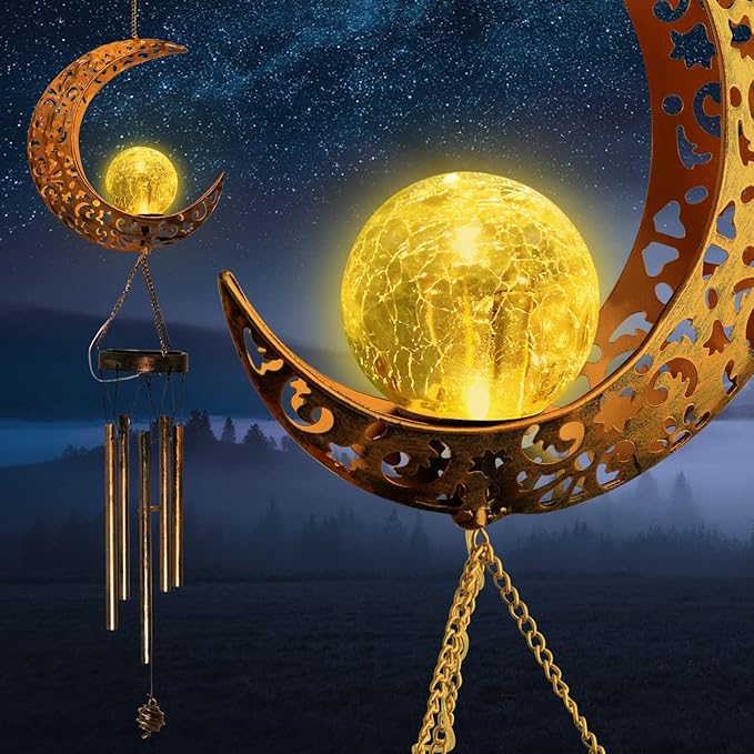 Moon Solar Lights Wind Chimes for Outside Gift for Women,Mom and Grandma Birthday Gifts Large Decor Windchimes Outdoors Gardening Gift for Outdoor Patio Yard Porch Solar Moon Night Lights