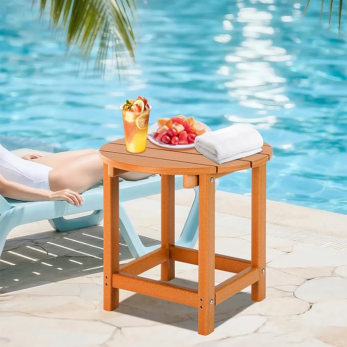 LZRS Round Adirondack Patio Side Table End Table, Outdoor Side Tables for Patio, Backyard,Pool, Indoor Companion, Easy Maintenance & Weather Resistant(Orange)