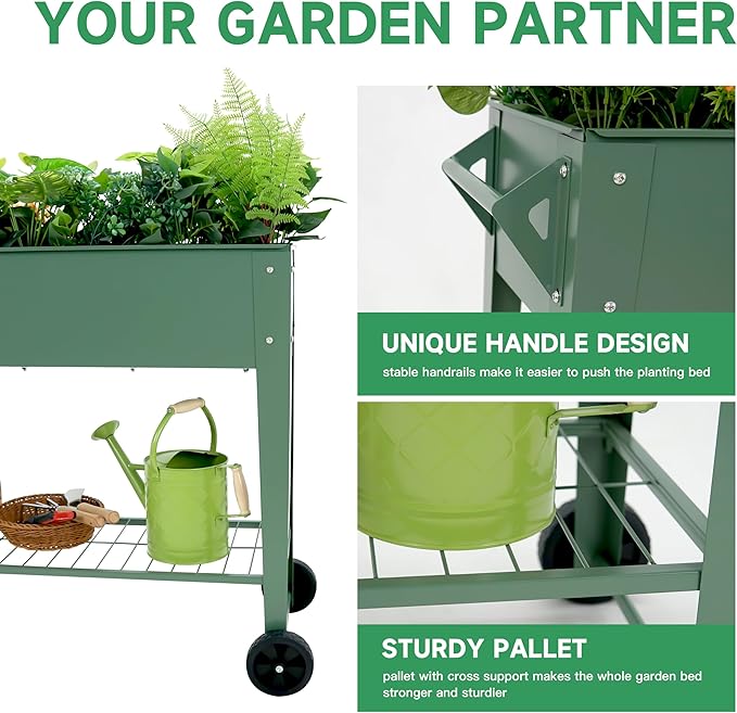 Raised Garden Bed with Legs and Wheels Removable for Outdoor, 31.6 * 14.6'' Metal Planter Raised Box for Growing Vegetables Herb Flower in Patio (Green)