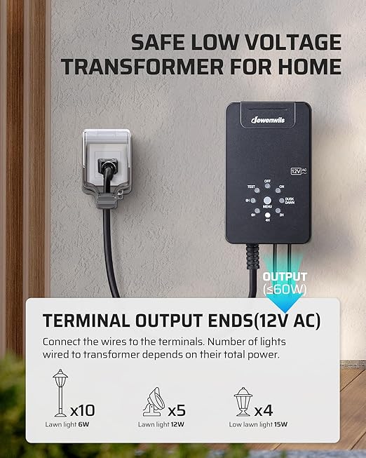 DEWENWILS 60W Low Voltage Landscape Transformer, 120V AC to 12V AC Outdoor Landscape Lighting, Dusk to Dawn Sensor & Timer, Weatherproof Low Voltage Transformer for Spotlights, Garden, Pathway