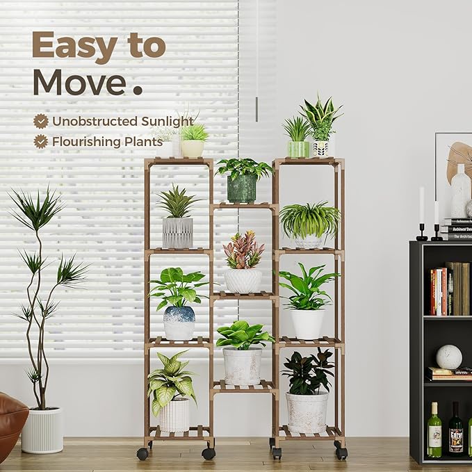 Bamworld Plant Stand With Wheels Indoor Outdoor Wood Plants Shelf for Multiple Plants 11 Pots,Tall Large Flower Holder for Living Room, Patio, Balcony, Garden