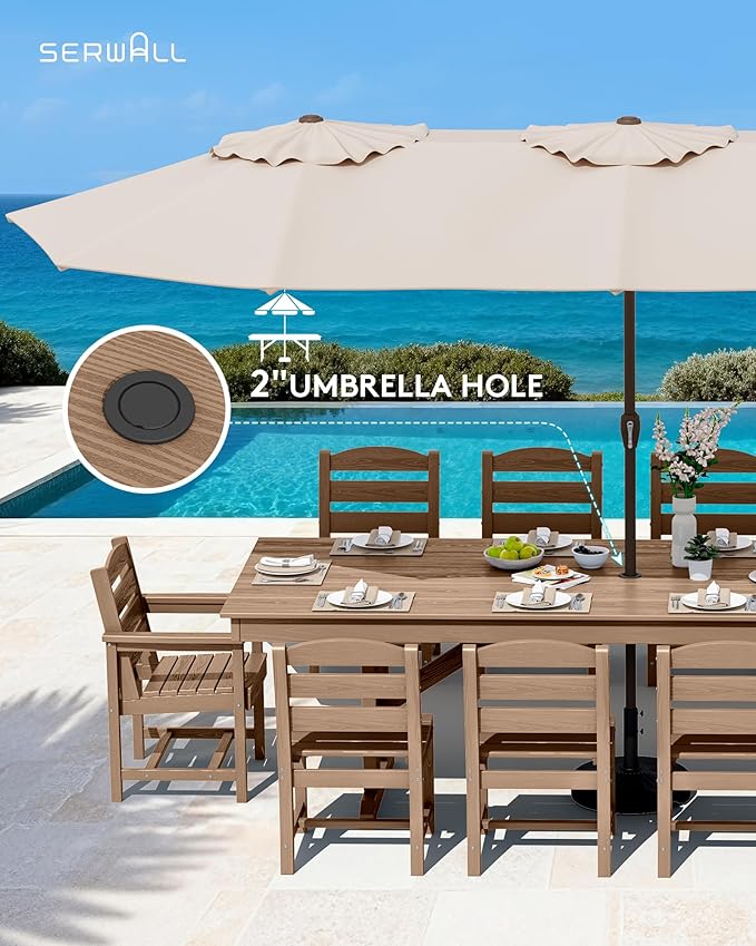 SERWALL 11 Piece Outdoor Dining Set, 84" HDPE Outdoor Table and Chairs for 10，All Weather Patio Furniture Set with Umbrella Hole for Backyard, Garden, Brown