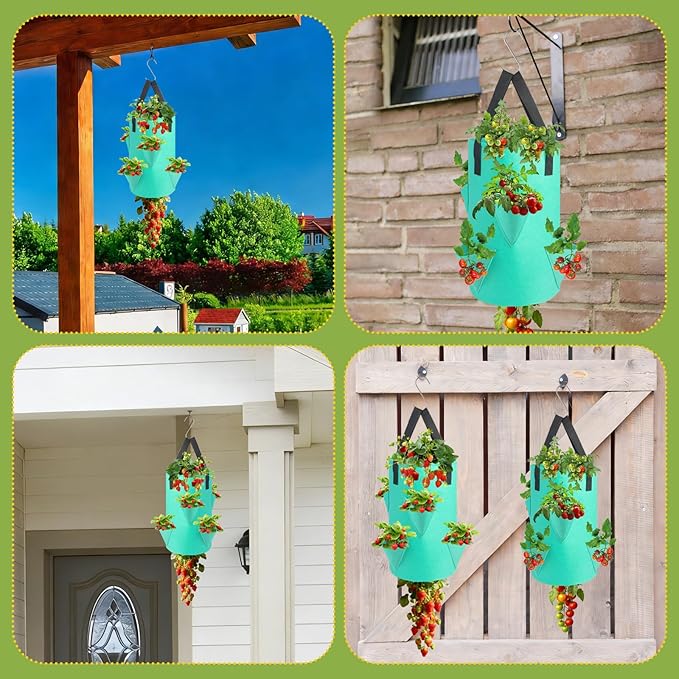 5 Pack Upside Down Strawberry Hanging Planter, 3 Gallon Tomato Hanging Grow Bags with 5 Hooks, Hanging Tomato Strawberry Grow Planters Vegetable Planting Bags with 6 Planting Holes for House Garden