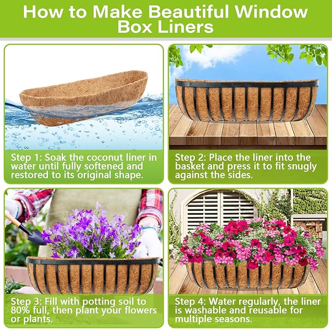 Legigo 4 Pack Trough Coco Liner for Planters- 30 Inch Window Box Liners Coconut Coir Basket Liners, Planter Box Coconut Liner for Window Flower Box Pots, Fence Trough Planter, Wall Planter Basket