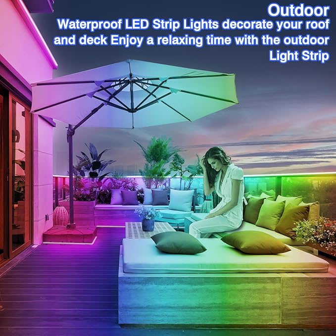 zoegi 500ft Outdoor LED Strip Lights Waterproof,Music Sync RGB IP68 Outside Led Light Strips Waterproof with App and Remote,Exterior Led Rope Lights for Deck,Balcony,Roof,Garden,Pool (500FT)