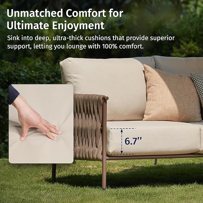 East Oak 5-Piece Patio Furniture Set | Life Chatter 5-Seat Outdoor Furniture | Deep Seating & Two Coffee Tables | Waterproof Extra-Thick Cushions | Porch, Balcony & Backyard | Chestnut & Apricot