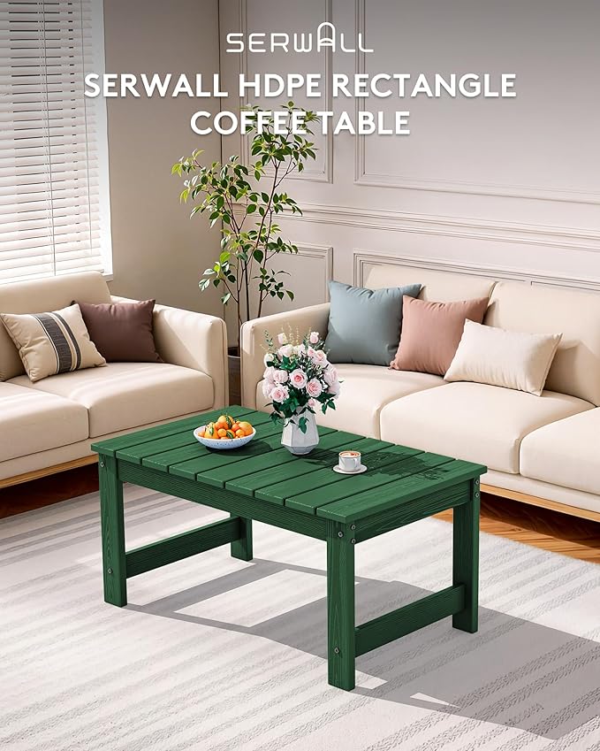 SERWALL Outdoor Coffee Table with 1.69" Umbrella Hole, HDPE Patio Coffee Table for Outside, Rectangle, Green