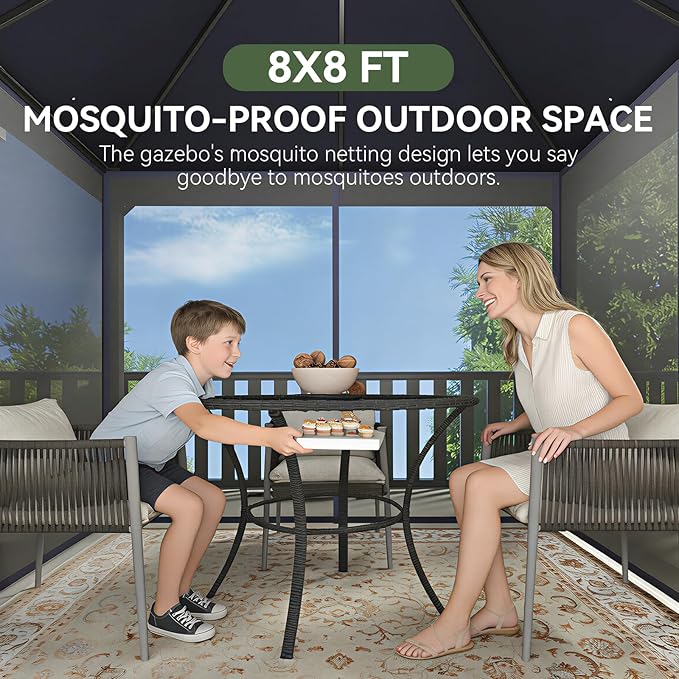 Aoxun Outdoor Gazebo for Patio 8x8 Metal Frame Canopy with Double Roofs Heavy Duty Party Tent and Shelter with Mosquito Netting and Privacy Screen for Backyard, Lawn, Garden, Deck (Navy Blue)