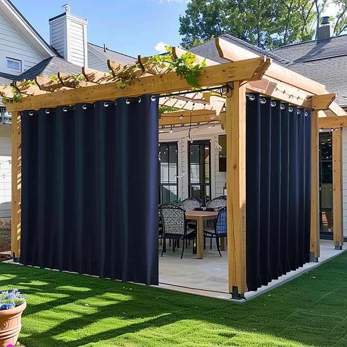 NICETOWN 2 Panels Outdoor Curtains for Patio, Waterproof & Windproof Grommet & Back Tab on Top & Bottom Thermal Insulated Sun Blocking Privacy Drapes with Rope for Pergola, Navy Blue, W100 x L84