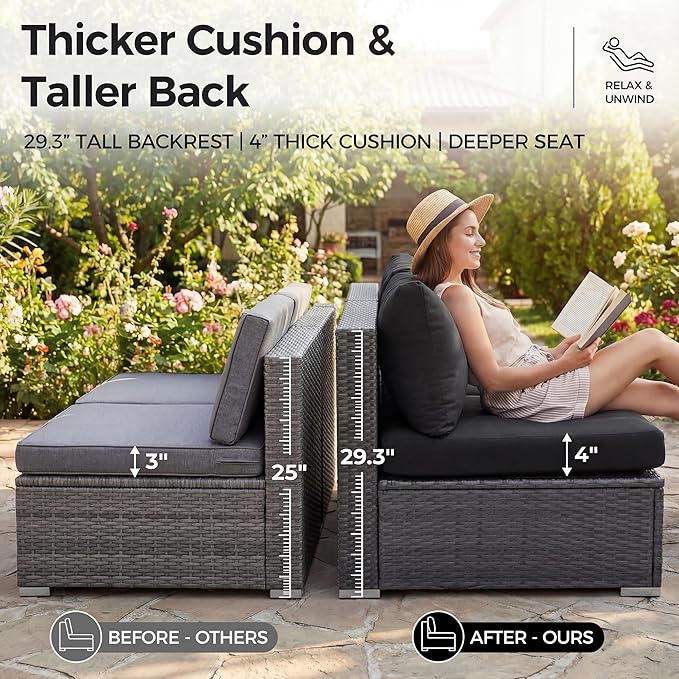 NICESOUL 13 Piece Patio Furniture Set with Fire Pit Table, 29.3'' High Back Large Outdoor Sectional with Firepit & Chaise Lounge, Sturdy Deep Seating Conversation Set, Gray Rattan & Black Cushion