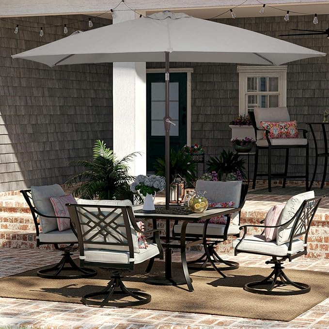JEAREY 6.5x10 ft Rectangular Patio Umbrellas Rectangle Outdoor Umbrella with Push Button Tilt and Crank, Market Table Umbrella 6 Sturdy Ribs UV Protection for Poolside Garden Backyard Deck, Foggy Gray
