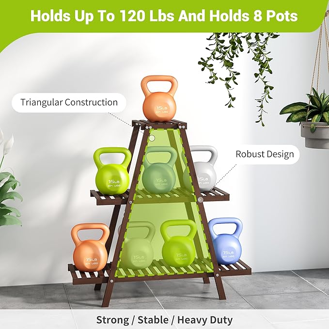 BMOSU Plant Stand Bamboo for Indoor Outdoor Tiered Plant Shelf 8 Potted Flower Holder Ladder Rack Garden Balcony Living Room Patio(3 Tier Brown)