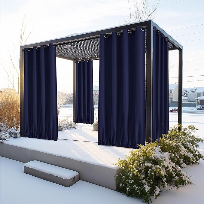 NICETOWN Canvas Outdoor Curtains for Paito 2 Panels, Dark Blue, W52 x L84 per Panel - Waterproof & Windproof Sun Shades with Grommet & Back Tab & Rod Pocket, Free Rope Included for Bottom Fixing