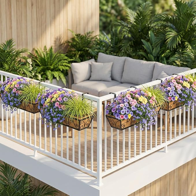 4pcs 30 Inch Window Deck with Coco Liner, 30" Window Boxes Horse Trough with Coconut Coir Liner, Metal Hanging Flower Planter Window Basket Deck Railing Planter Boxes for Outdoor Indoor Lawn