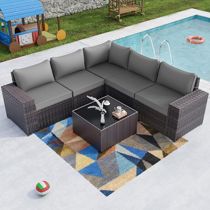 Kullavik 6PCS Outdoor Patio Furniture Set PE Wicker Rattan Sectional Sofa Patio Conversation Sets,Grey
