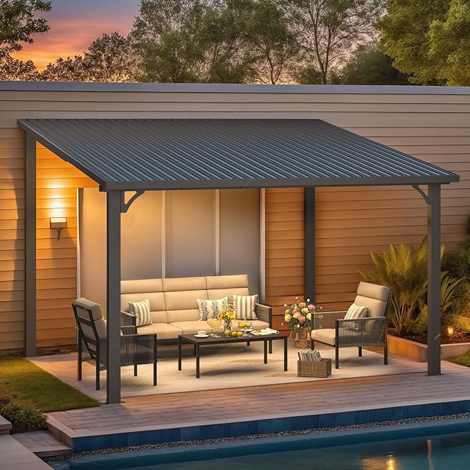 AECOJOY 12' x 10' Outdoor Hardtop Pergola Gazebo for Patio, Large 10x12 Galvanized Steel Heavy Duty Lean to Gazebo, Wall-Mounted Pergolas and Gazebos Clearance, Metal Patio Roof Awnings for Backyard