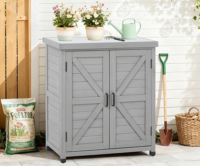 Outdoor Potting Bench with Storage Cabinet and Metal Top, Wood Workstation for Outdoor Patio, Garden (Classic Grey, 31x17x36‘’)