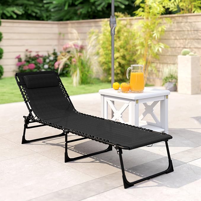 Outsunny Folding Chaise Lounge Chair, Patio Sun Tanning Chair, Outdoor Chaise Lounger with 4-Position Reclining Back, Breathable Mesh Seat for Beach, Poolside, Yard, Black